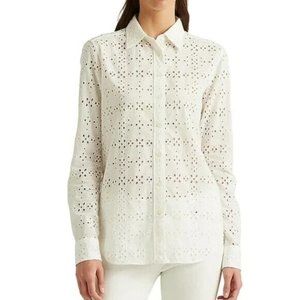 LAUREN RALPH LAUREN Petite Cotton Eyelet Buttoned Top in White